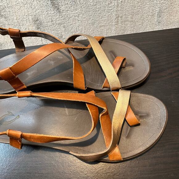 Olukai Upena Leather Strappy Sandals in Mustard & Bubbly Gold Size 10 - Picture 2 of 8